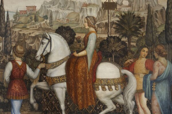 Federigo Angeli, "Dama a cavallo con corteo cavalleresco", tempera grassa on canvas, 1931