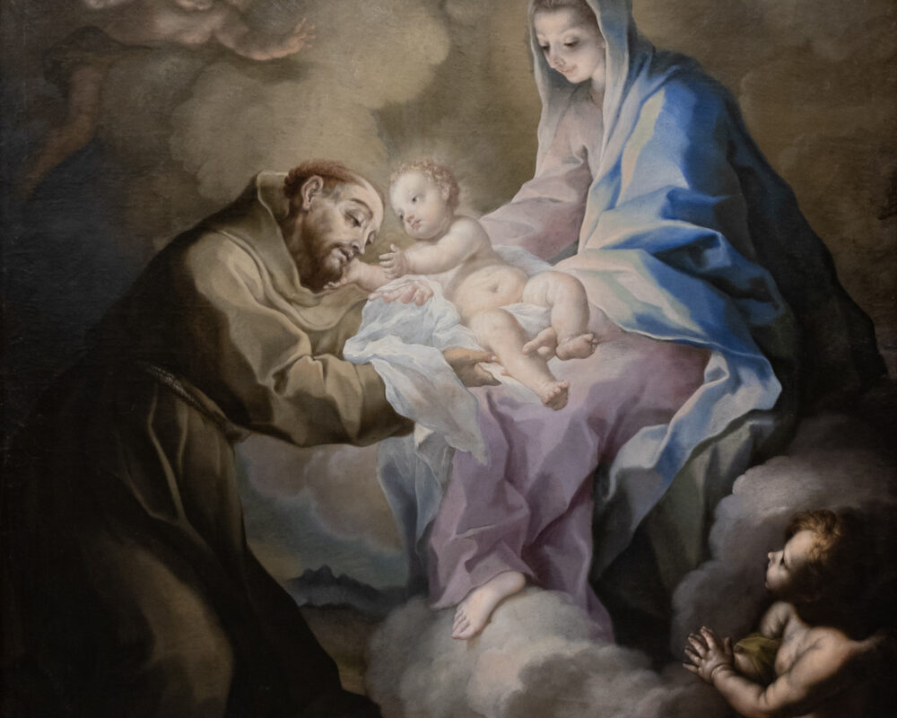 Giuseppe Nicola Nasini, Visione di San Francesco cui la Vergine offre il Bambino Gesù, 1695, olio su tela, Assisi, Custodia generale, Sacro Convento di San Francesco in Assisi dei Frati Minori Conventuali