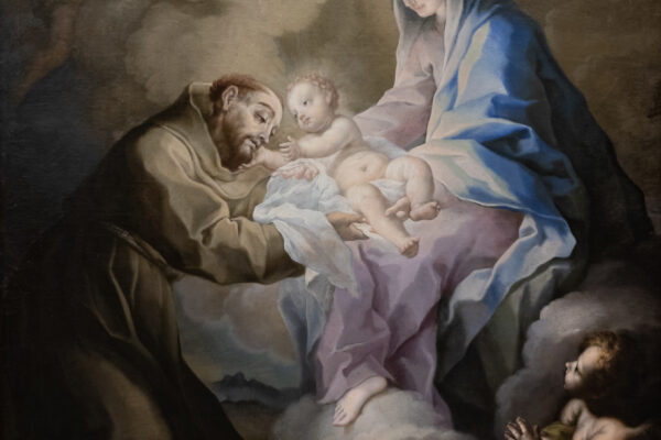 Giuseppe Nicola Nasini, Visione di San Francesco cui la Vergine offre il Bambino Gesù, 1695, olio su tela, Assisi, Custodia generale, Sacro Convento di San Francesco in Assisi dei Frati Minori Conventuali